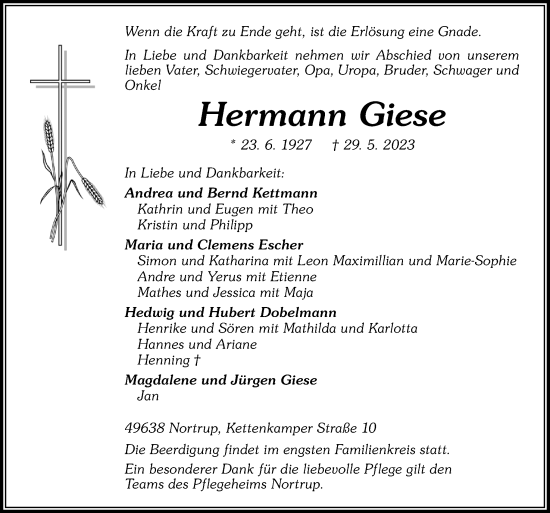 Traueranzeige von Hermann Giese von Neue Osnabrücker Zeitung GmbH & Co. KG