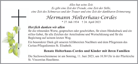 Traueranzeige von Hermann Holterhaus-Cordes von Neue Osnabrücker Zeitung GmbH & Co. KG
