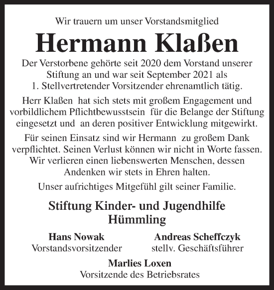 Traueranzeige von Hermann Klaßen von Neue Osnabrücker Zeitung GmbH & Co. KG