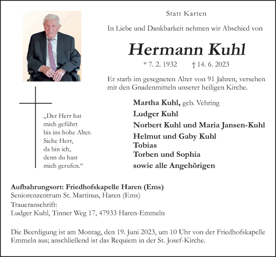 Traueranzeige von Hermann Kuhl von Neue Osnabrücker Zeitung GmbH & Co. KG