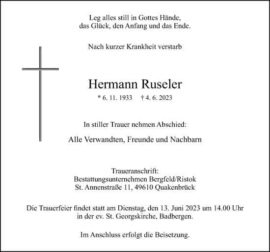 Traueranzeige von Hermann Ruseler von Neue Osnabrücker Zeitung GmbH & Co. KG