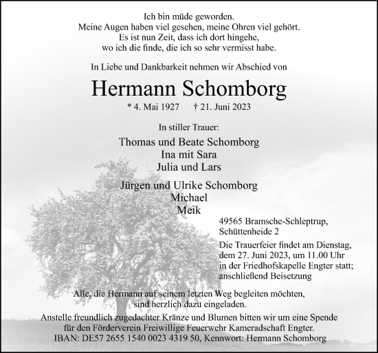 Traueranzeige von Hermann Schomborg von Neue Osnabrücker Zeitung GmbH & Co. KG