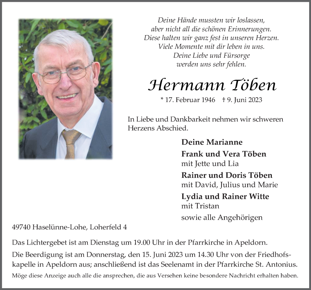  Traueranzeige für Hermann Töben vom 12.06.2023 aus Neue Osnabrücker Zeitung GmbH & Co. KG