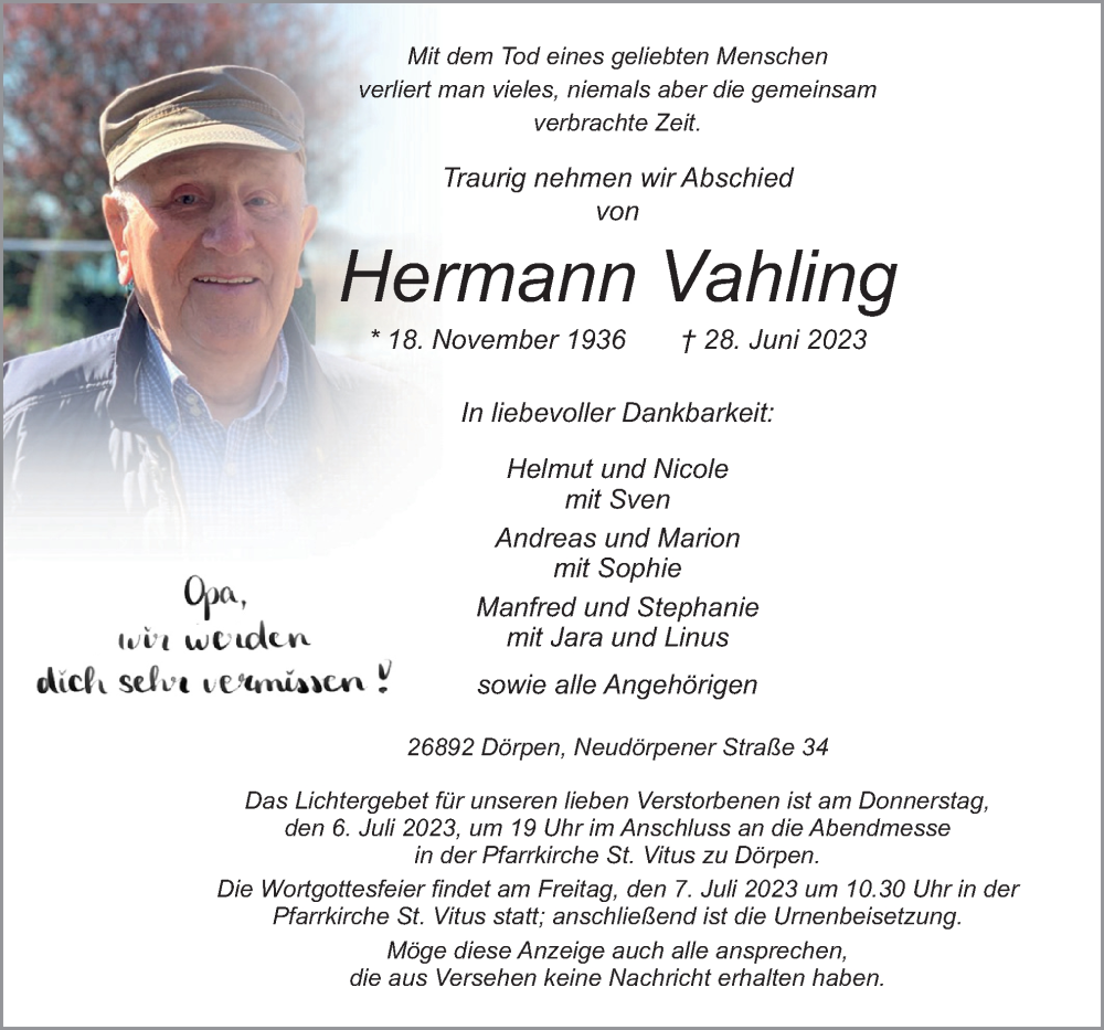  Traueranzeige für Hermann Vahling vom 30.06.2023 aus Neue Osnabrücker Zeitung GmbH & Co. KG