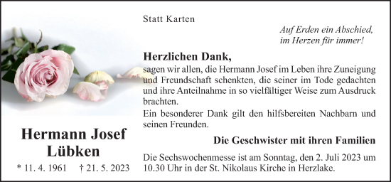 Traueranzeige von Hermann Josef Lübken von Neue Osnabrücker Zeitung GmbH & Co. KG