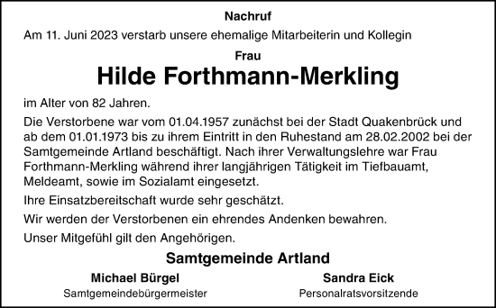 Traueranzeige von Hilde Forthmann-Merkling von Neue Osnabrücker Zeitung GmbH & Co. KG