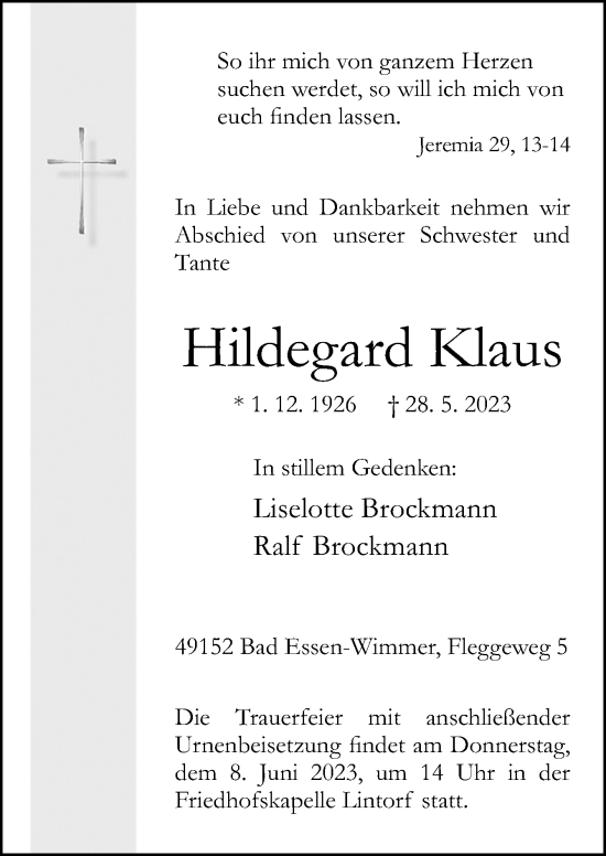 Traueranzeige von Hildegard Klaus von Neue Osnabrücker Zeitung GmbH & Co. KG