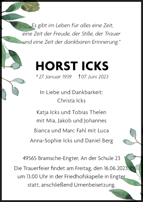 Traueranzeige von Horst Icks von Neue Osnabrücker Zeitung GmbH & Co. KG