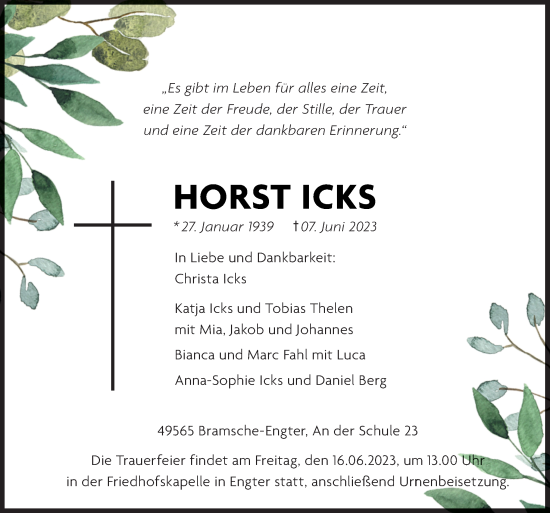 Traueranzeige von Horst Icks von Neue Osnabrücker Zeitung GmbH & Co. KG