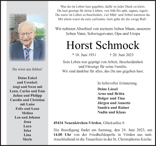 Traueranzeige von Horst Schmock von Neue Osnabrücker Zeitung GmbH & Co. KG