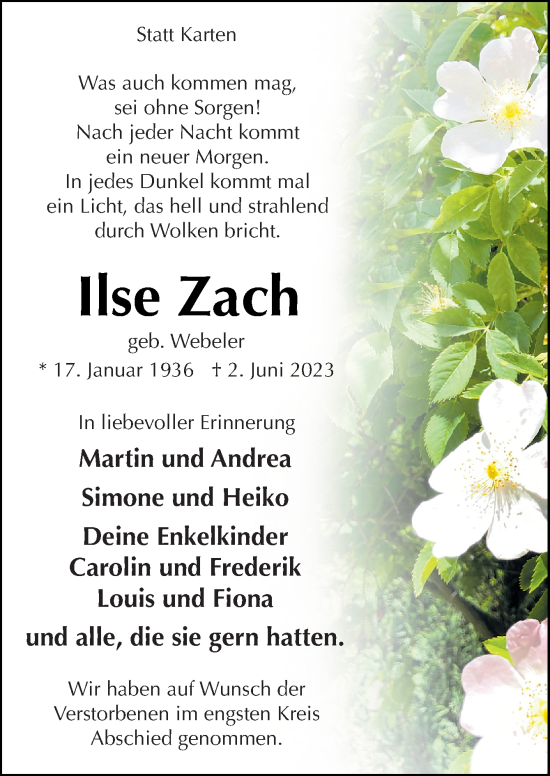 Traueranzeige von Ilse Zach von Neue Osnabrücker Zeitung GmbH & Co. KG