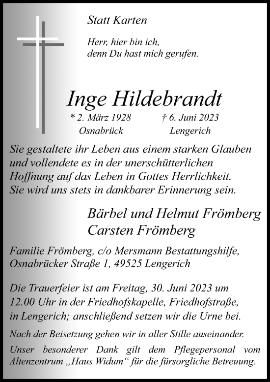 Traueranzeige von Inge Hildebrandt von Neue Osnabrücker Zeitung GmbH & Co. KG