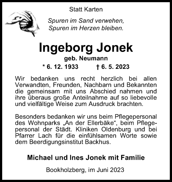 Traueranzeige von Ingeborg Jonek von DK Medien GmbH & Co. KG