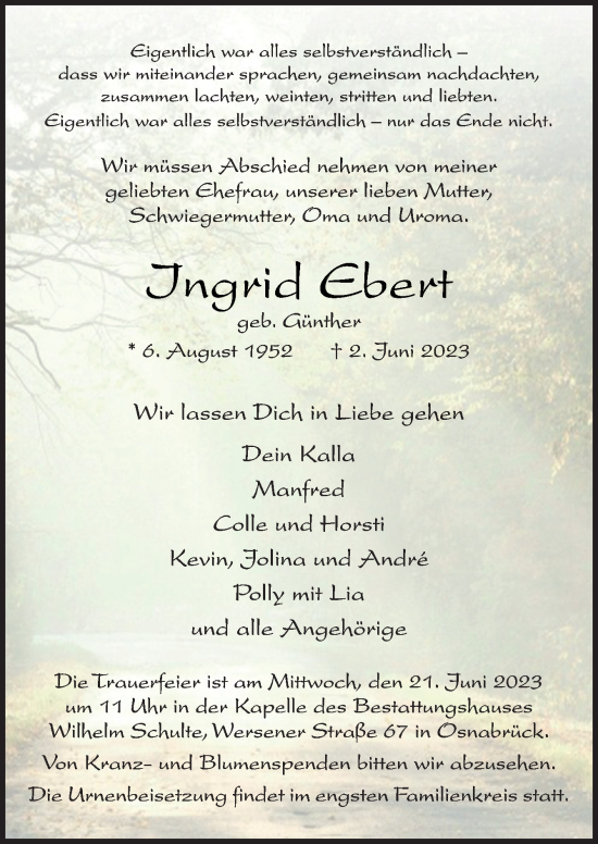 Traueranzeige von Ingrid Ebert von Neue Osnabrücker Zeitung GmbH & Co. KG