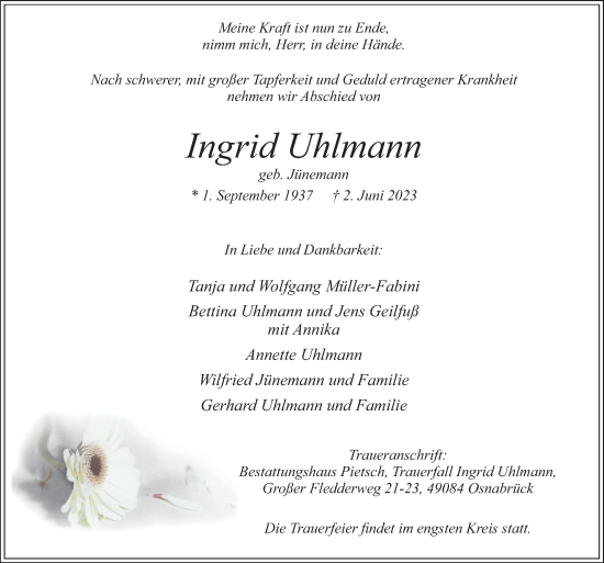 Traueranzeige von Ingrid Uhlmann von Neue Osnabrücker Zeitung GmbH & Co. KG