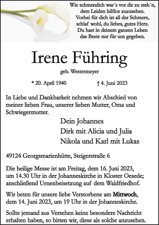 Traueranzeige von Irene Führing von Neue Osnabrücker Zeitung GmbH & Co. KG