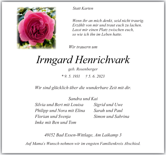 Traueranzeige von Irmgard Henrichvark von Neue Osnabrücker Zeitung GmbH & Co. KG