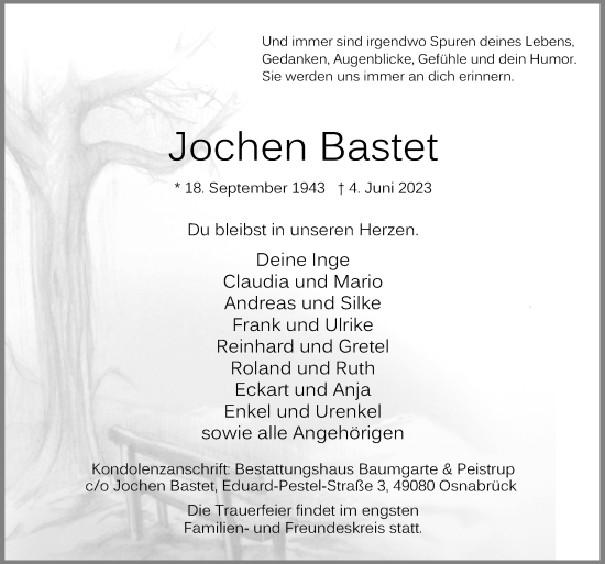 Traueranzeige von Jochen Bastet von Neue Osnabrücker Zeitung GmbH & Co. KG