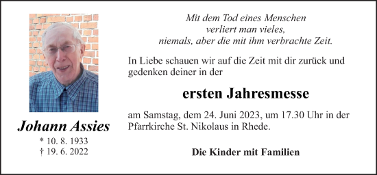 Traueranzeige von Johann Assies von Neue Osnabrücker Zeitung GmbH & Co. KG