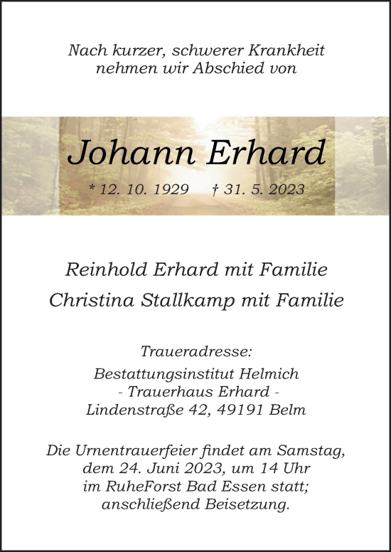 Traueranzeige von Johann Erhard von Neue Osnabrücker Zeitung GmbH & Co. KG