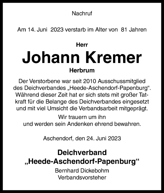 Traueranzeige von Johann Kremer von Neue Osnabrücker Zeitung GmbH & Co. KG