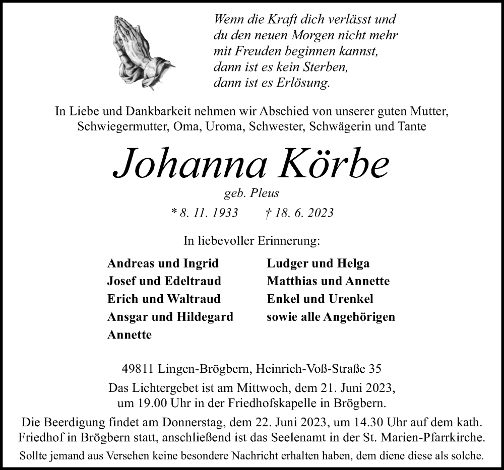  Traueranzeige für Johanna Körbe vom 21.06.2023 aus Neue Osnabrücker Zeitung GmbH & Co. KG