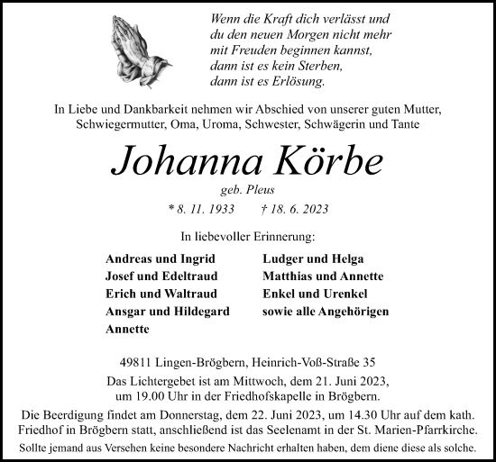 Traueranzeige von Johanna Körbe von Neue Osnabrücker Zeitung GmbH & Co. KG