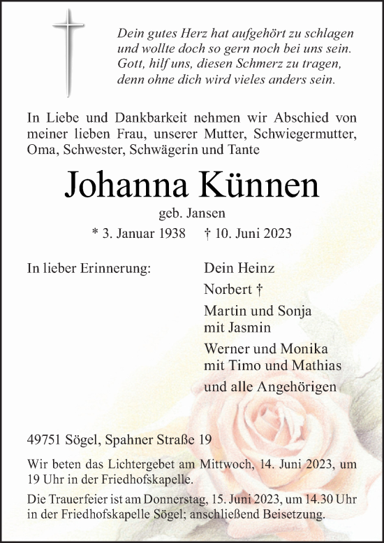 Traueranzeige von Johanna Künnen von Neue Osnabrücker Zeitung GmbH & Co. KG