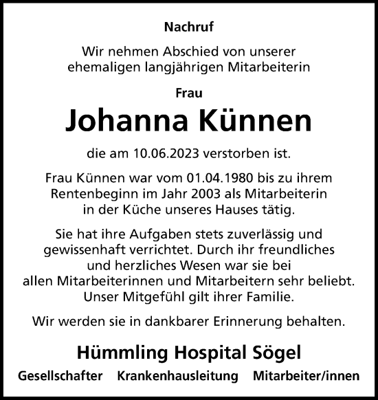 Traueranzeige von Johanna Künnen von Neue Osnabrücker Zeitung GmbH & Co. KG