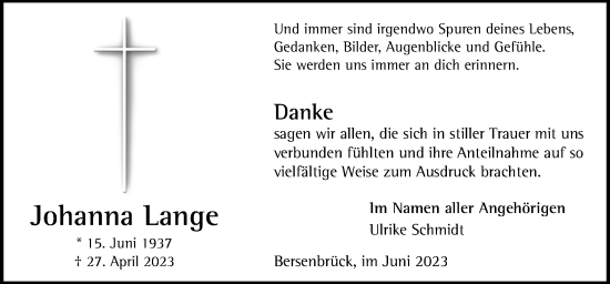 Traueranzeige von Johanna Lange von Neue Osnabrücker Zeitung GmbH & Co. KG