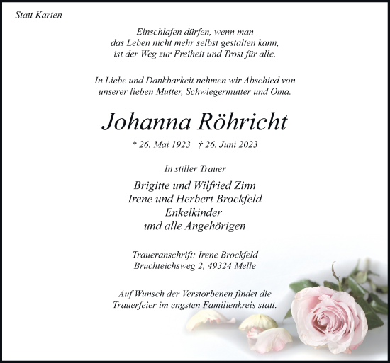 Traueranzeige von Johanna Röhricht von Neue Osnabrücker Zeitung GmbH & Co. KG