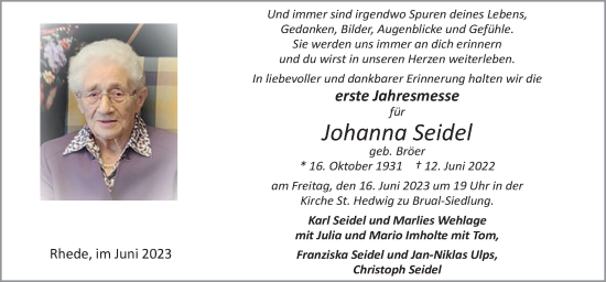 Traueranzeige von Johanna Seidel von Neue Osnabrücker Zeitung GmbH & Co. KG