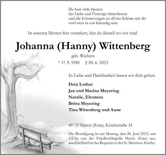 Traueranzeige von Johanna Wittenberg von Neue Osnabrücker Zeitung GmbH & Co. KG