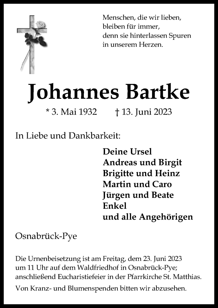  Traueranzeige für Johannes Bartke vom 17.06.2023 aus Neue Osnabrücker Zeitung GmbH & Co. KG