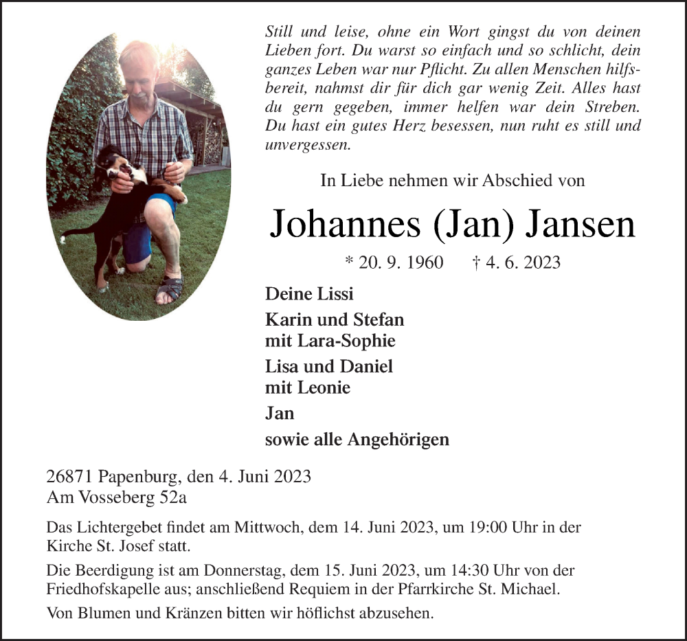  Traueranzeige für Johannes Jansen vom 10.06.2023 aus Neue Osnabrücker Zeitung GmbH & Co. KG