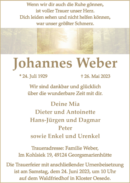 Traueranzeige von Johannes Weber von Neue Osnabrücker Zeitung GmbH & Co. KG