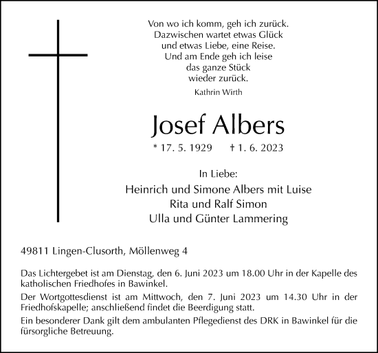 Traueranzeige von Josef Albers von Neue Osnabrücker Zeitung GmbH & Co. KG