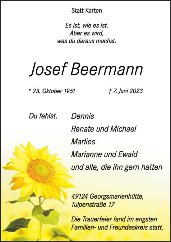 Traueranzeige von Josef Beermann von Neue Osnabrücker Zeitung GmbH & Co. KG