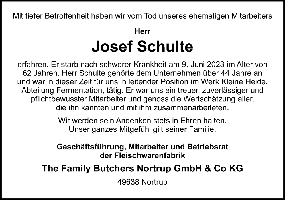  Traueranzeige für Josef Schulte vom 13.06.2023 aus Neue Osnabrücker Zeitung GmbH & Co. KG