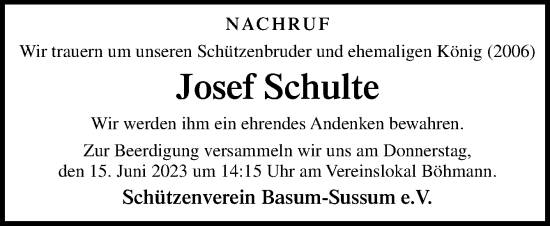 Traueranzeige von Josef Schulte von Neue Osnabrücker Zeitung GmbH & Co. KG