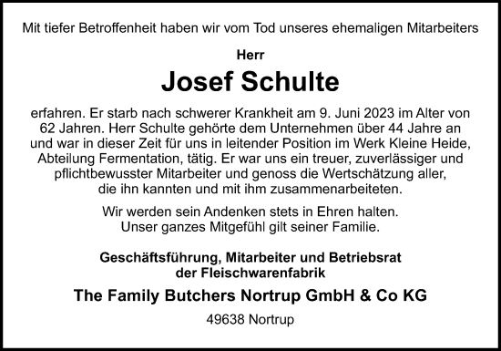 Traueranzeige von Josef Schulte von Neue Osnabrücker Zeitung GmbH & Co. KG