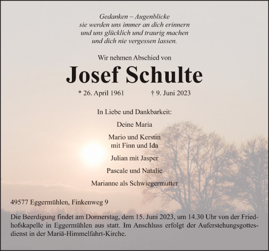 Traueranzeige von Josef Schulte von Neue Osnabrücker Zeitung GmbH & Co. KG