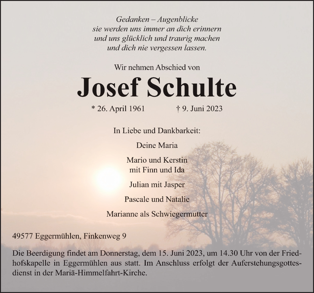  Traueranzeige für Josef Schulte vom 12.06.2023 aus Neue Osnabrücker Zeitung GmbH & Co. KG