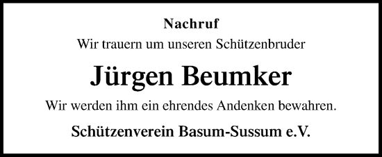 Traueranzeige von Jürgen Beumker von Neue Osnabrücker Zeitung GmbH & Co. KG