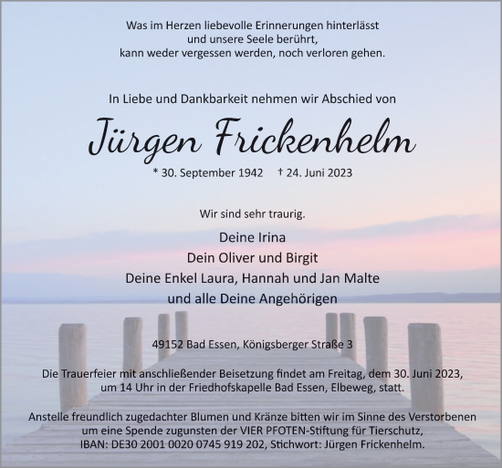 Traueranzeige von Jürgen Frickenhelm von Neue Osnabrücker Zeitung GmbH & Co. KG