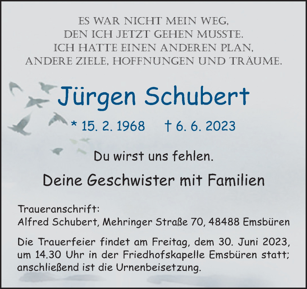  Traueranzeige für Jürgen Schubert vom 24.06.2023 aus Neue Osnabrücker Zeitung GmbH & Co. KG