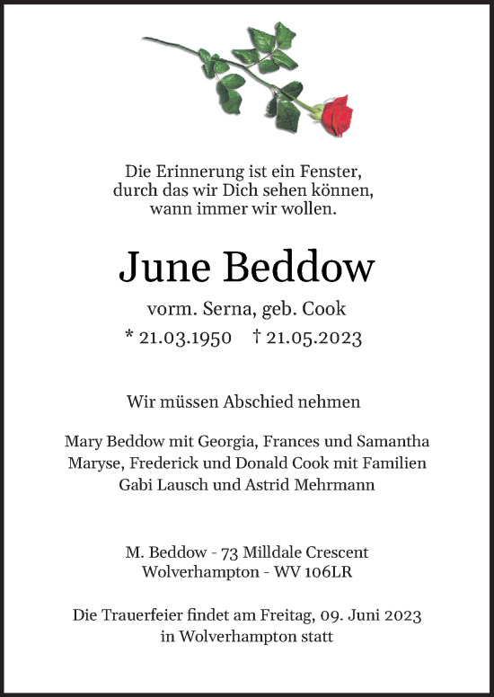 Traueranzeige von June Beddow von Neue Osnabrücker Zeitung GmbH & Co. KG