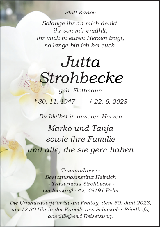 Traueranzeige von Jutta Strohbecke von Neue Osnabrücker Zeitung GmbH & Co. KG