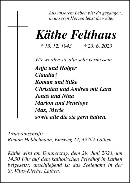 Traueranzeige von Käthe Felthaus von Neue Osnabrücker Zeitung GmbH & Co. KG