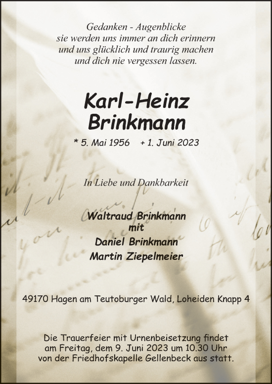 Traueranzeige von Karl-Heinz Brinkmann von Neue Osnabrücker Zeitung GmbH & Co. KG